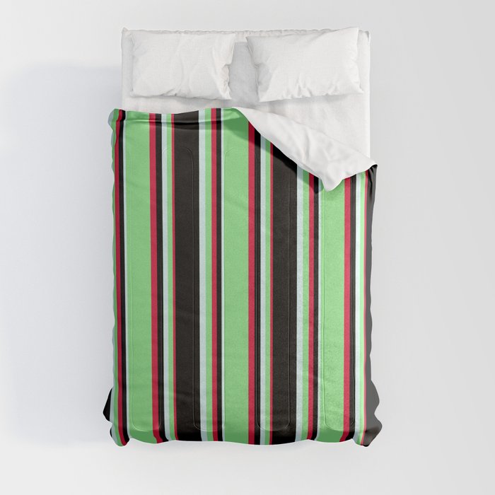Crimson, Light Green, Light Cyan, and Black Colored Pattern of Stripes Comforter