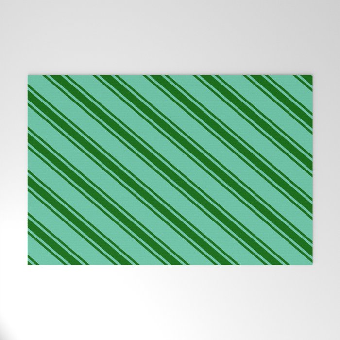 Aquamarine & Dark Green Colored Stripes/Lines Pattern Welcome Mat