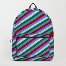 [ Thumbnail: Eyecatching Orchid, Turquoise, Dark Slate Gray, Light Sea Green & Maroon Colored Stripes Pattern Backpack ]