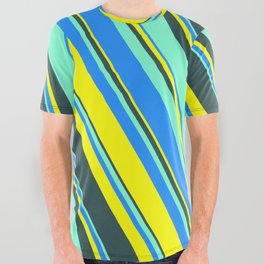 [ Thumbnail: Blue, Yellow, Dark Slate Gray, and Aquamarine Colored Lines Pattern All Over Graphic Tee ]