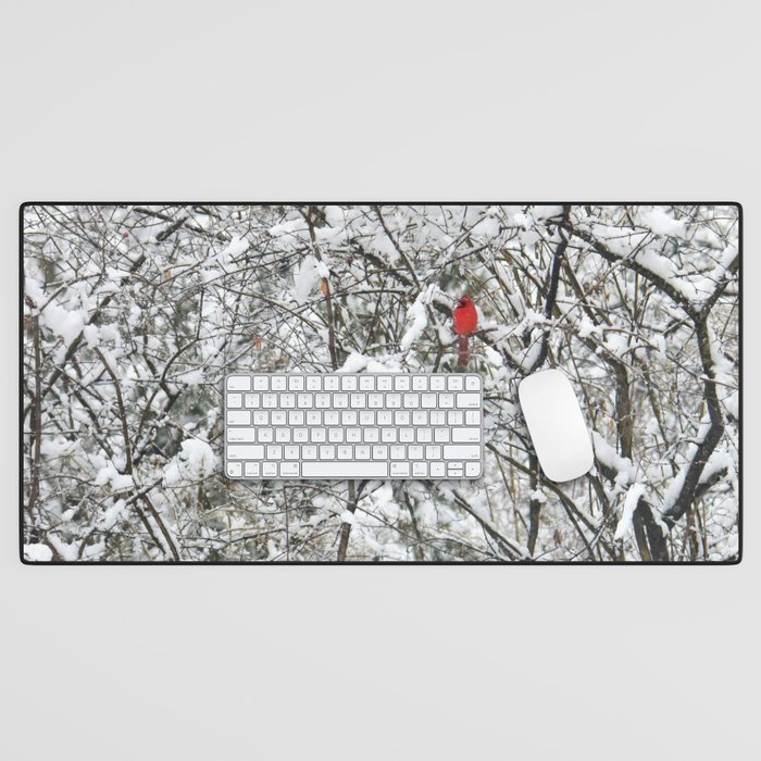 Bright Cardinal in the Snowy Woods Desk Mat