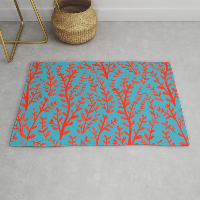 Turquoise and Red Leaves Pattern Rug