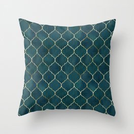 Emerald Golden Moroccan Quatrefoil Pattern Throw Pillow