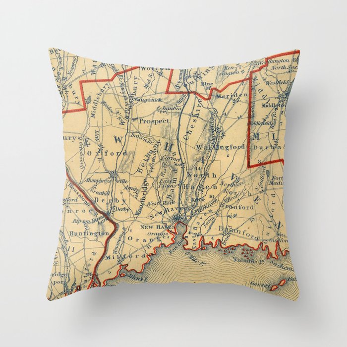 Vintage Map of New Haven County CT (1846) Throw Pillow