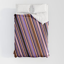 [ Thumbnail: Pink, Brown, Purple & Black Colored Lined Pattern Duvet Cover ]