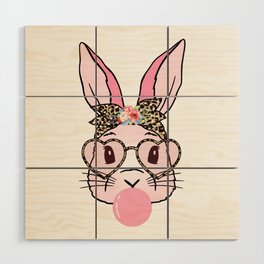 Cute Bunny With Leopard Glasses Bubblegum Easter Day T-Shirt Wood Wall Art