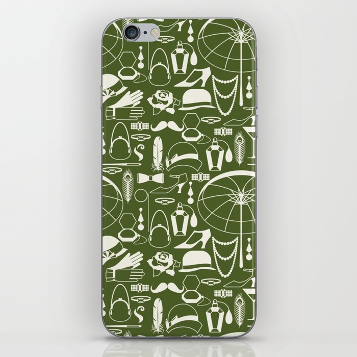 White Old-Fashioned 1920s Vintage Pattern on Olive Green iPhone Skin