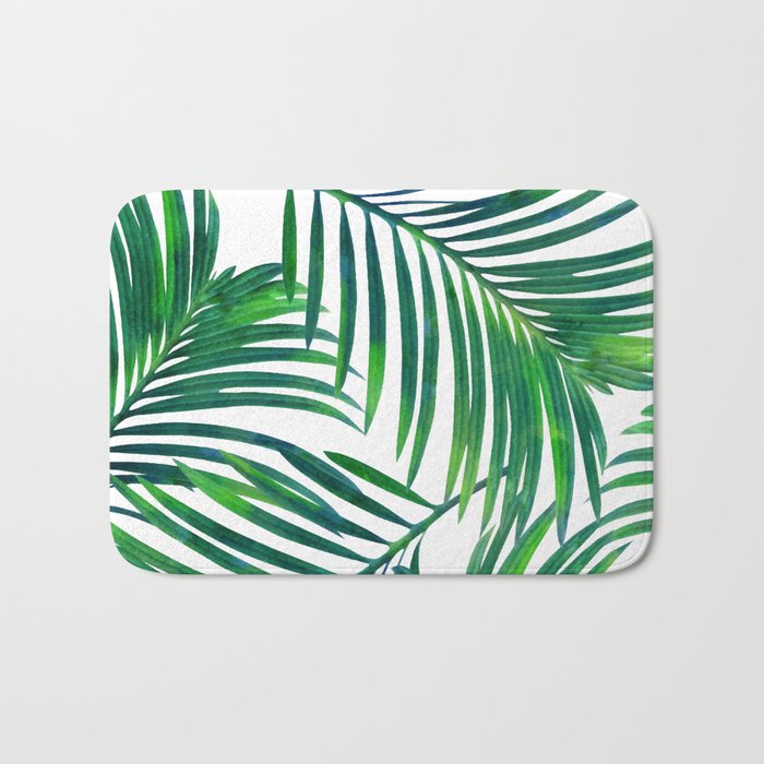 Palm Paradise, Tropical Leaves, Beachy Watercolor Painting, Minimal Nature Botanical Illustration Bath Mat