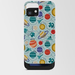 Paper space adventure I // aqua background multicoloured solar system paper cut planets origami paper spaceships and rockets iPhone Card Case
