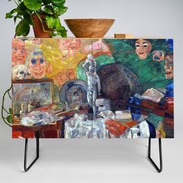 Attributes of an artist's studio & palette surrealism portrait painting by James Ensor Credenza