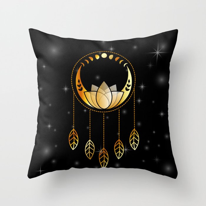 Mystic lotus dream catcher with moons and stars gold Throw Pillow