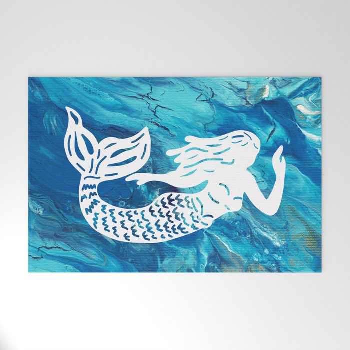 Mermaid Silhouette Design on Painted Acrylic Background  Welcome Mat