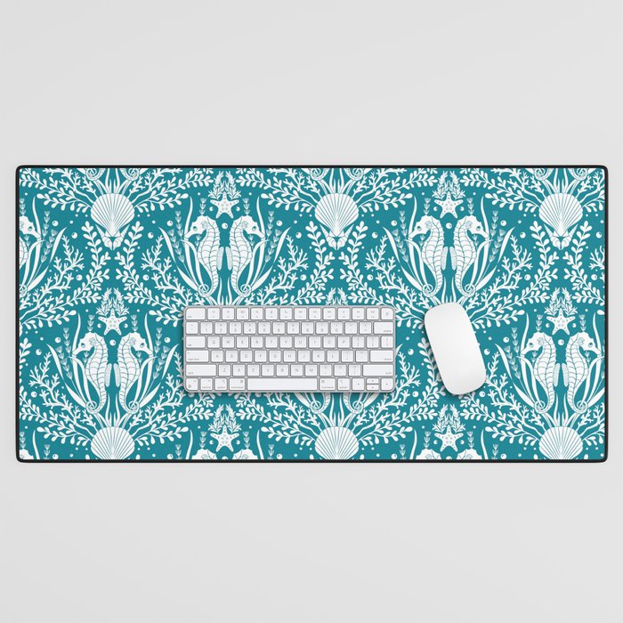 Seahorse Damask Teal Blue Desk Mat