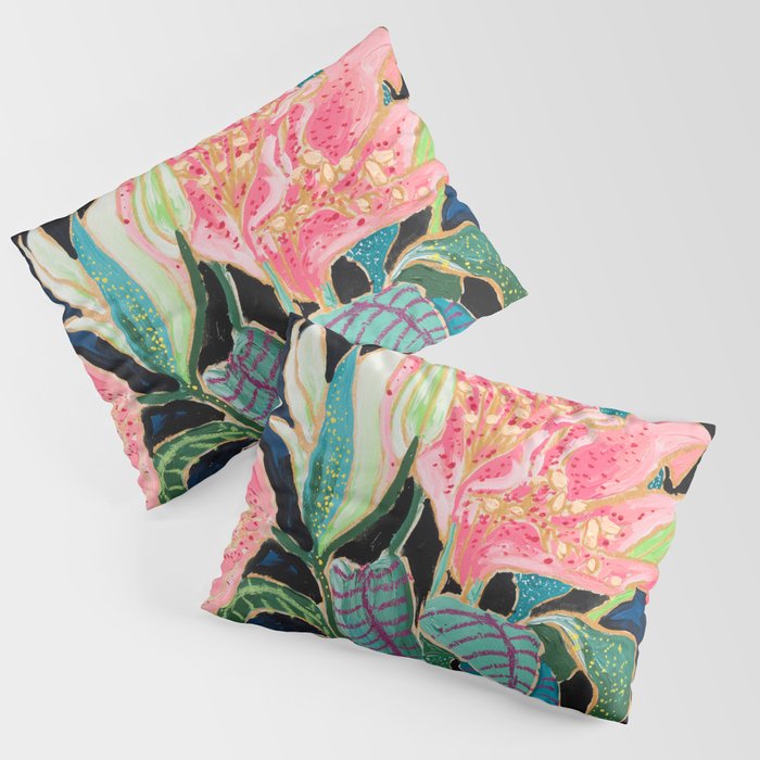 Swan Vase with Pink Lily Flower Bouquet on Dark Blue and Black Winter Floral Pillow Sham