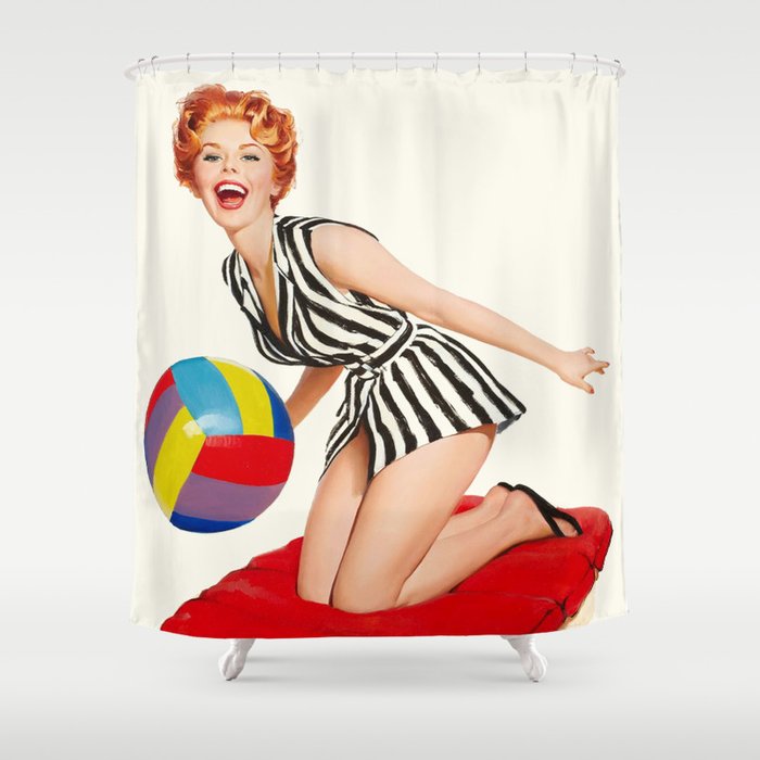 Pin Up Girl And Beach Ball Vintage Art Shower Curtain By Retroroxie Pin Up Girl And Beach Ball Vintage Art Shower Curtain
