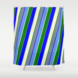 [ Thumbnail: Light Slate Gray, Blue, Cornflower Blue, Light Yellow, and Green Colored Lined/Striped Pattern Shower Curtain ]