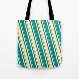 [ Thumbnail: Beige & Dark Cyan Colored Lines/Stripes Pattern Tote Bag ]