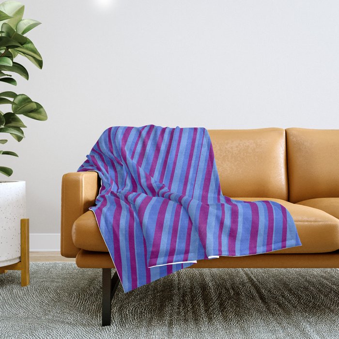 Cornflower Blue, Royal Blue & Purple Colored Pattern of Stripes Throw Blanket