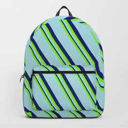 [ Thumbnail: Green, Powder Blue, and Midnight Blue Colored Pattern of Stripes Backpack ]