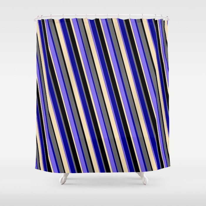 Vibrant Dim Grey, Dark Blue, Medium Slate Blue, Tan & Black Colored Striped Pattern Shower Curtain