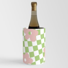 Retro Lime Green and Pastel Pink Checkerboard Flowers Wine Chiller