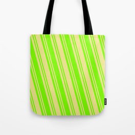 [ Thumbnail: Tan & Green Colored Lines Pattern Tote Bag ]
