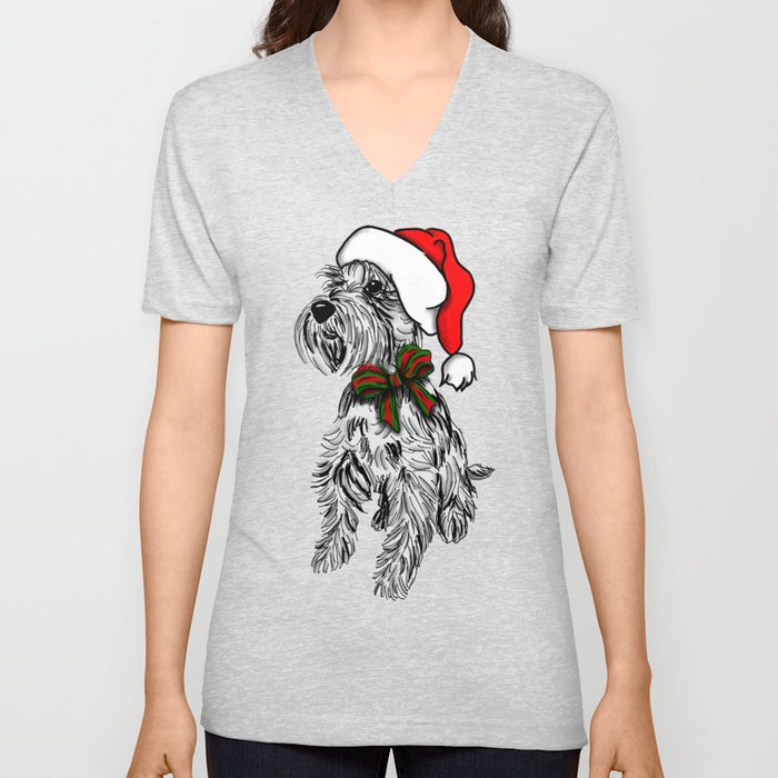 Christmas Schnauzer Sketch V Neck T Shirt