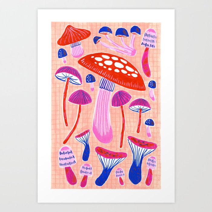 Red and Pink Mushrooms  Art Print