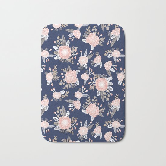 Floral bouquet pastel navy pink florals painted painted metallic pattern basic minimal pattern print Bath Mat