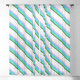[ Thumbnail: Vibrant White, Plum, Deep Sky Blue, Lime & Black Colored Stripes Pattern Sheer Curtain ]