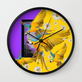 SURREAL BLUE PARROTS IN YELLOW-PRPLE DAISY WEATHER Wall Clock