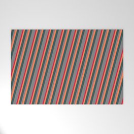 [ Thumbnail: Coral, Dark Slate Gray, Grey, and Crimson Colored Pattern of Stripes Welcome Mat ]