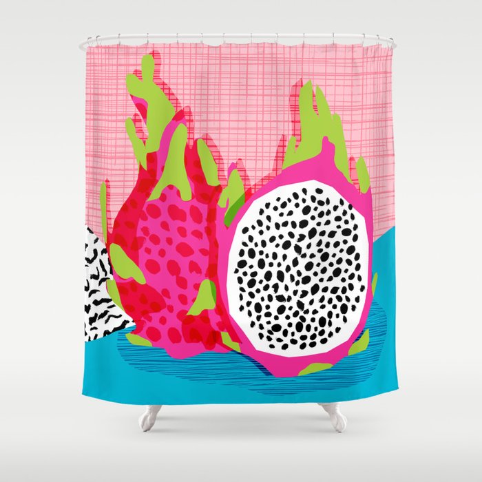 Hard Core - memphis throwback retro neon tropical fruit dragonfruit exotic 1980s 80s style pop art Shower Curtain