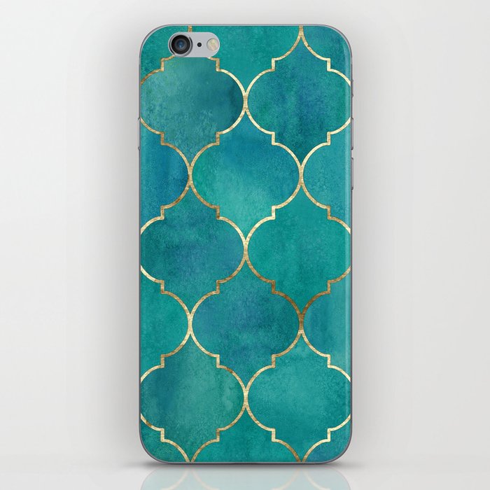 Turquoise Teal Golden Moroccan Quatrefoil Pattern II iPhone Skin