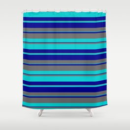 [ Thumbnail: Dark Turquoise, Dark Blue & Dim Grey Colored Lines/Stripes Pattern Shower Curtain ]