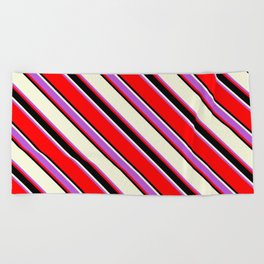 [ Thumbnail: Beige, Orchid, Red & Black Colored Striped/Lined Pattern Beach Towel ]