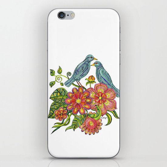 Fly Away With Me - Hand drawn illustration with birds, flowers and leaves. iPhone & iPod Skin