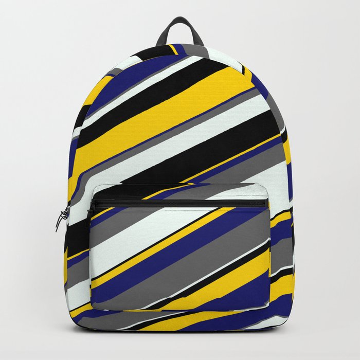 Eyecatching Dim Grey, Mint Cream, Black, Yellow, and Midnight Blue Colored Stripes Pattern Backpack