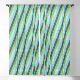 [ Thumbnail: Turquoise, Black, Lime Green, and Light Blue Colored Lines/Stripes Pattern Sheer Curtain ]