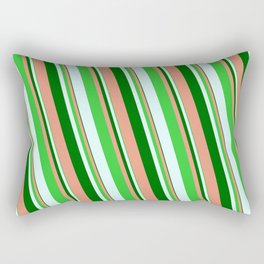 [ Thumbnail: Dark Green, Dark Salmon, Lime Green, and Light Cyan Colored Striped/Lined Pattern Rectangular Pillow ]