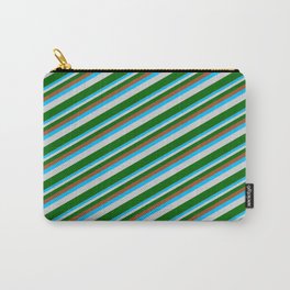 [ Thumbnail: Sienna, Deep Sky Blue, Light Gray & Dark Green Colored Lined/Striped Pattern Carry-All Pouch ]