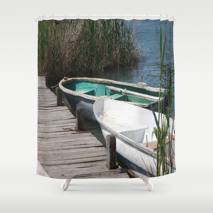 Reeds, Rowing Boats and Old Jetty at Dalyan Shower Curtain