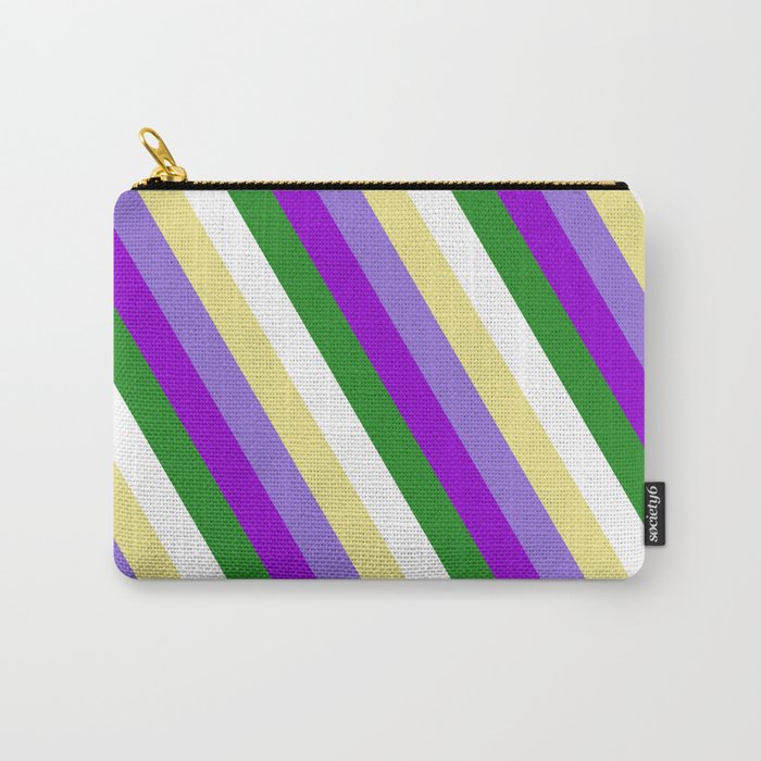 Colorful Tan, Purple, Dark Violet, Forest Green, and White Colored Stripes/Lines Pattern Carry-All Pouch