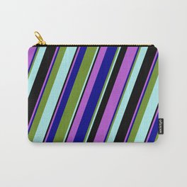 [ Thumbnail: Eyecatching Orchid, Dark Blue, Green, Turquoise, and Black Colored Stripes/Lines Pattern Carry-All Pouch ]