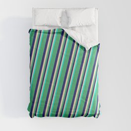 [ Thumbnail: Sea Green, Midnight Blue, Beige & Cyan Colored Lines Pattern Comforter ]