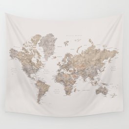 World map with cities in brown and light gray Wall Tapestry