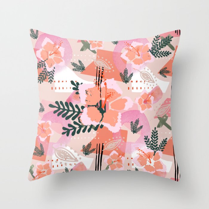 Tropical Pink Hibiscus Floral Collage  Throw Pillow