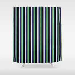 [ Thumbnail: Eye-catching Turquoise, Green, Midnight Blue, Lavender, and Black Colored Striped Pattern Shower Curtain ]