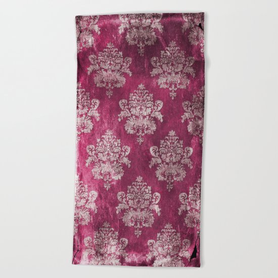 Old shabby vintage damask pink purple pattern Beach Towel