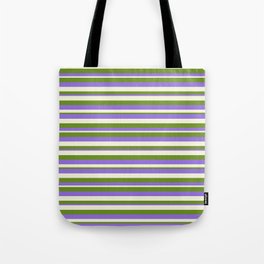[ Thumbnail: Green, Purple, and Beige Colored Lines Pattern Tote Bag ]